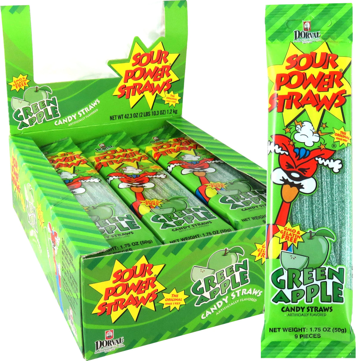 Sour Power Candy Straws, Green Apple, 1.75 oz (Pack of 24) - Grocer wholesale