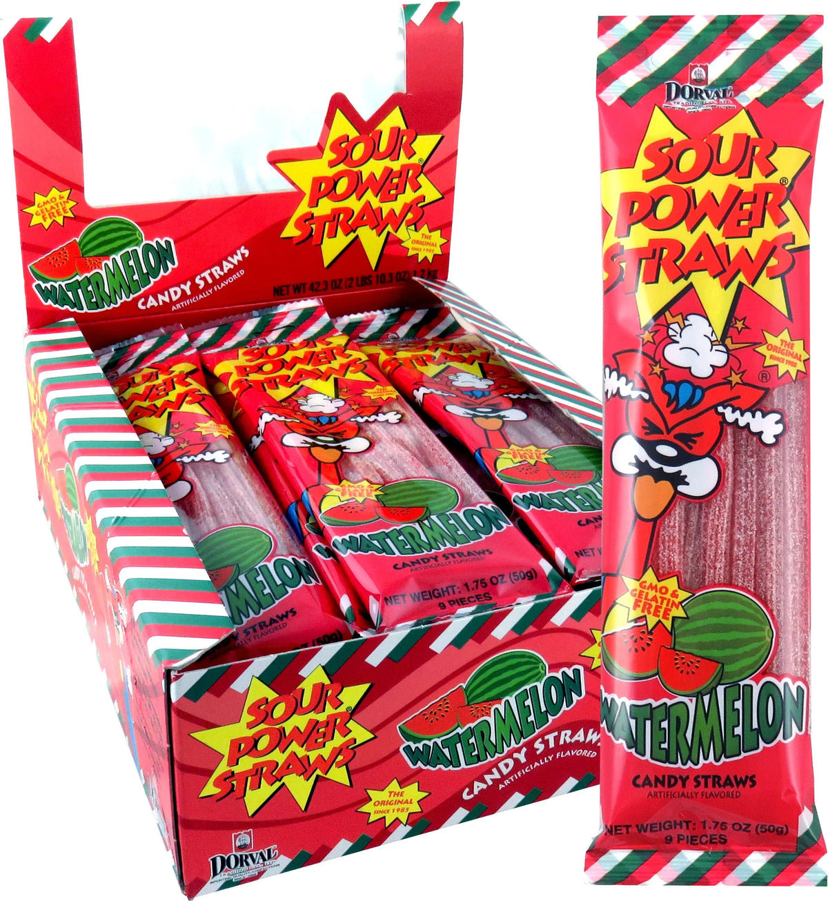 Sour Power Candy Straws, Watermelon, 1.75 oz (Pack of 24) - Grocer wholesale
