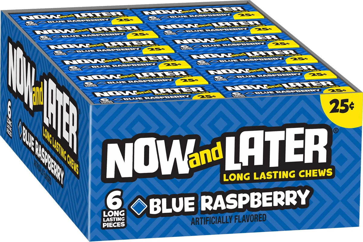 Now and Later Original Blue Raspberry Taffy Chews Candy 0.93oz (Box of 24). - Grocer wholesale