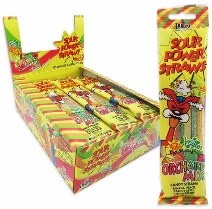 Sour Power Candy Straws Peg Bag – Orchard Mix: 24-Piece Display - Grocer wholesale