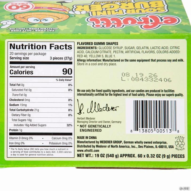 21 oz. Efrutti® Mini Burger Sour Gummy Candy – 60 Pc. - Grocer wholesale