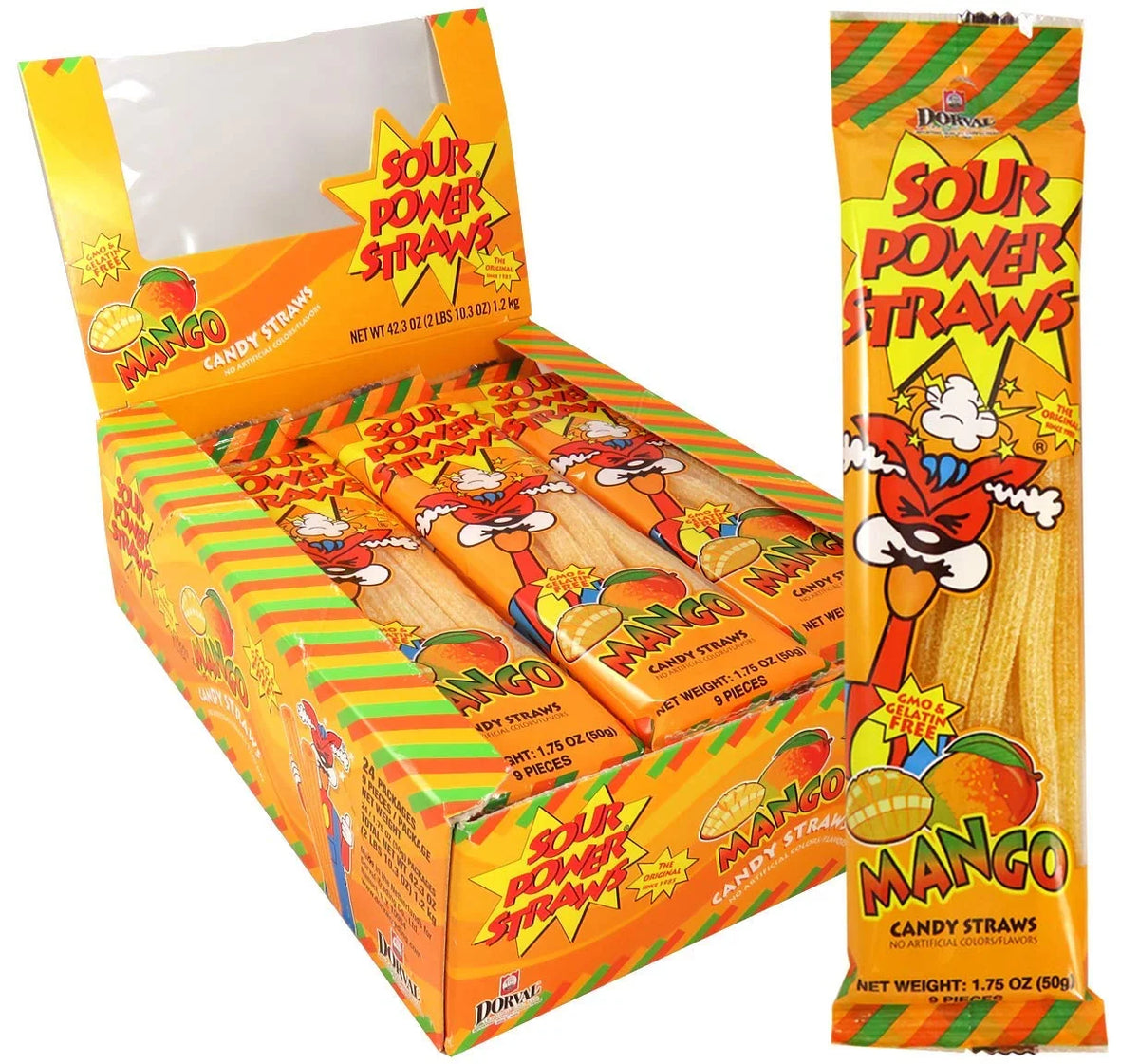 Dorval Sour Power Mango Candy Straws, 1.75 Ounce 24 Count - Grocer wholesale
