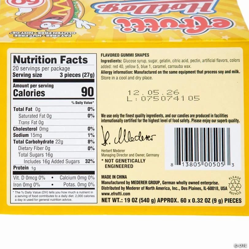 Efrutti® Hot Dog Gummi Candy - 60 Pc. - Grocer wholesale