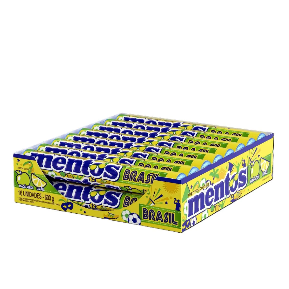 Mentos Brasil Green Apple & Lemon Chewy Candy Rolls - 16 Roll Box (14 Pieces Each, 37.5g) Imported Brazilian Candy - Grocer wholesale