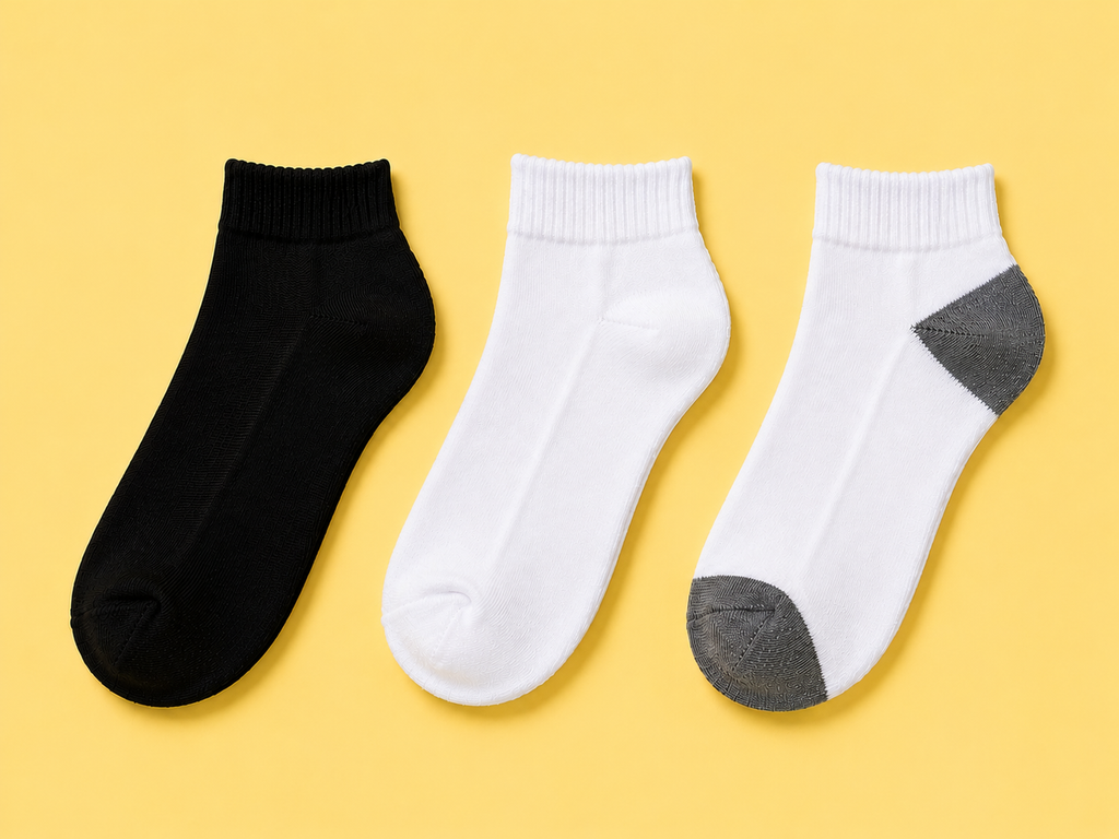 Cushioned low cut ankle socks in black, white and white with gray heel and toe, wholesale bulk socks