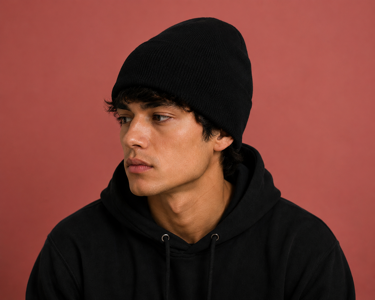 Black cuffed knit beanie winter hat, wholesale bulk beanies one size fits all