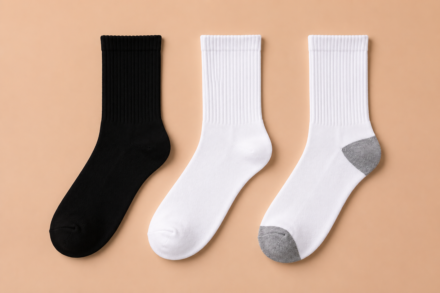 Cushioned crew socks in black, white and white with gray heel and toe, wholesale bulk socks