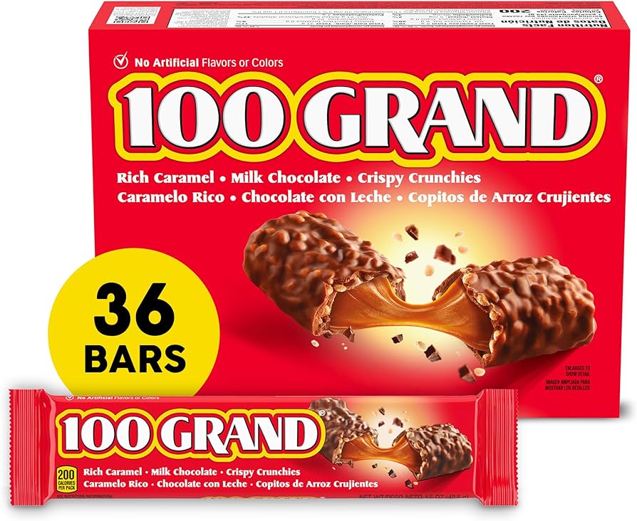 Crispy Milk Chocolate with Caramel 100 Grand Share Size Individually Wrapped Candy Bars 2.2 Oz 24 Ct - Grocer wholesale