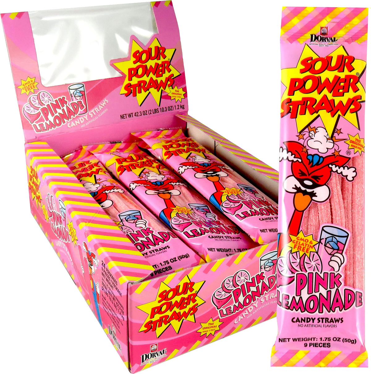 Sour Power Candy Straws, Pink Lemonade, 1.75 oz (Pack of 24) - Grocer wholesale