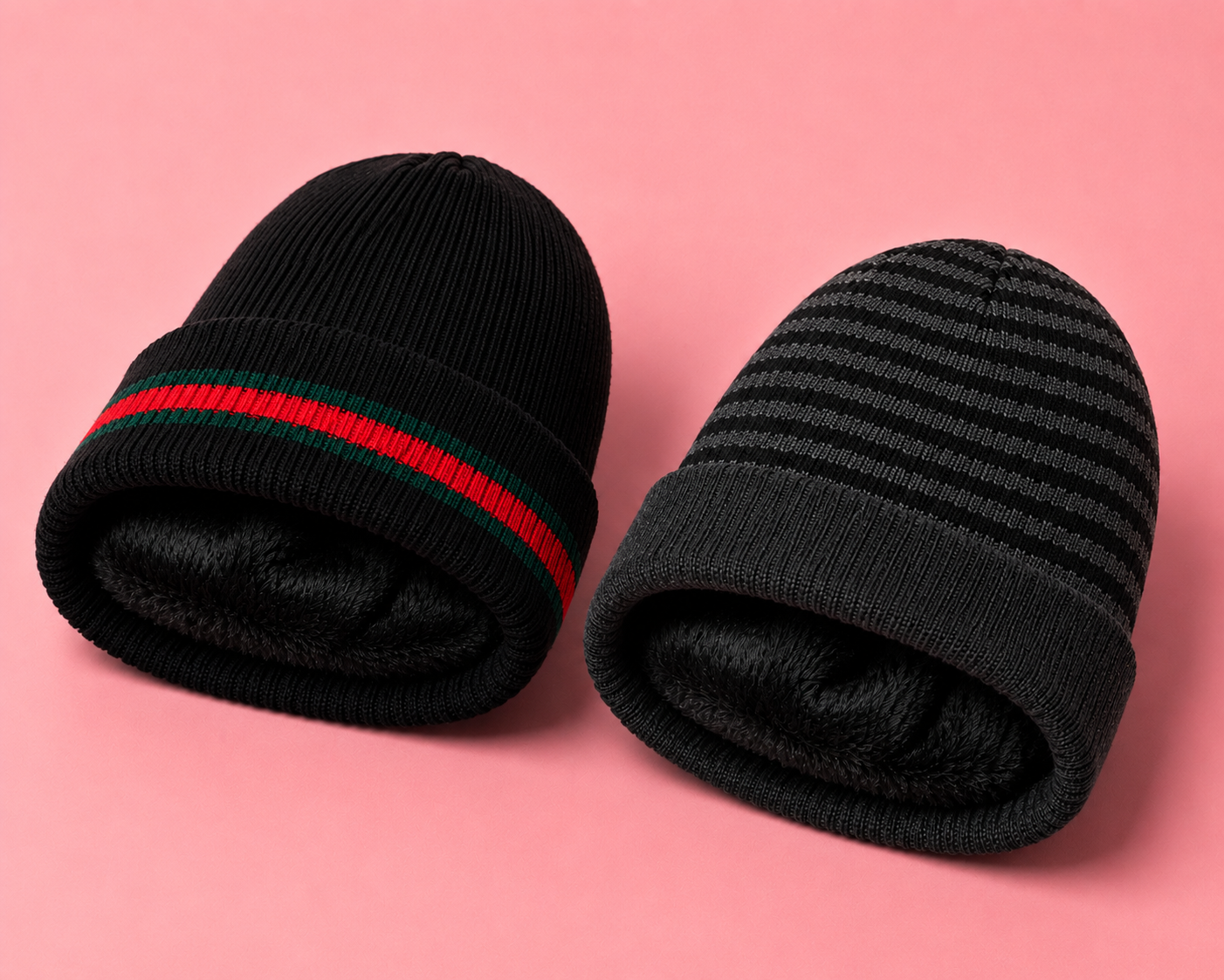 Ribbed and striped fur lined knit beanies, wholesale sherpa lined winter hats