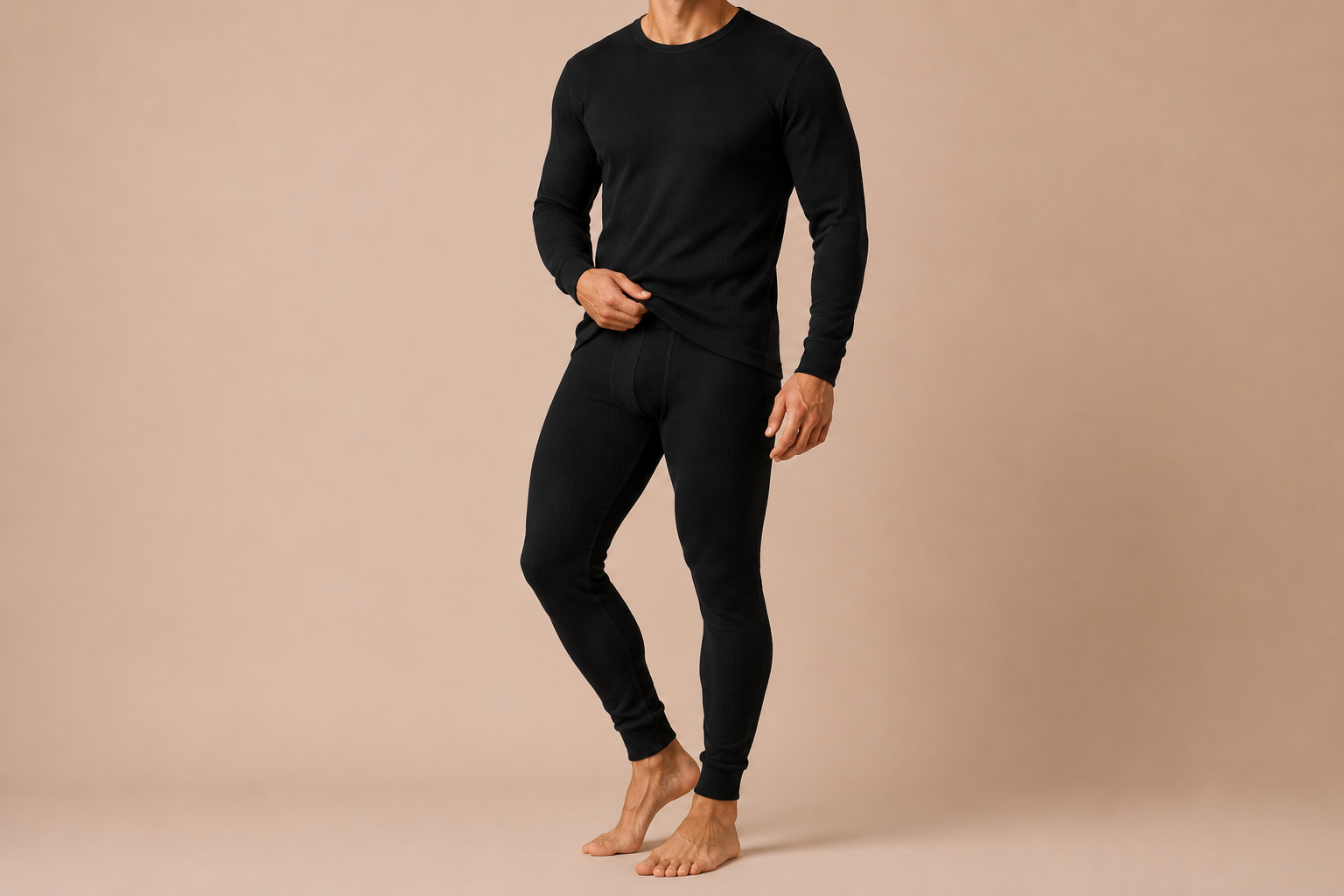 Black waffle knit thermal top and bottom long john set, wholesale thermal underwear