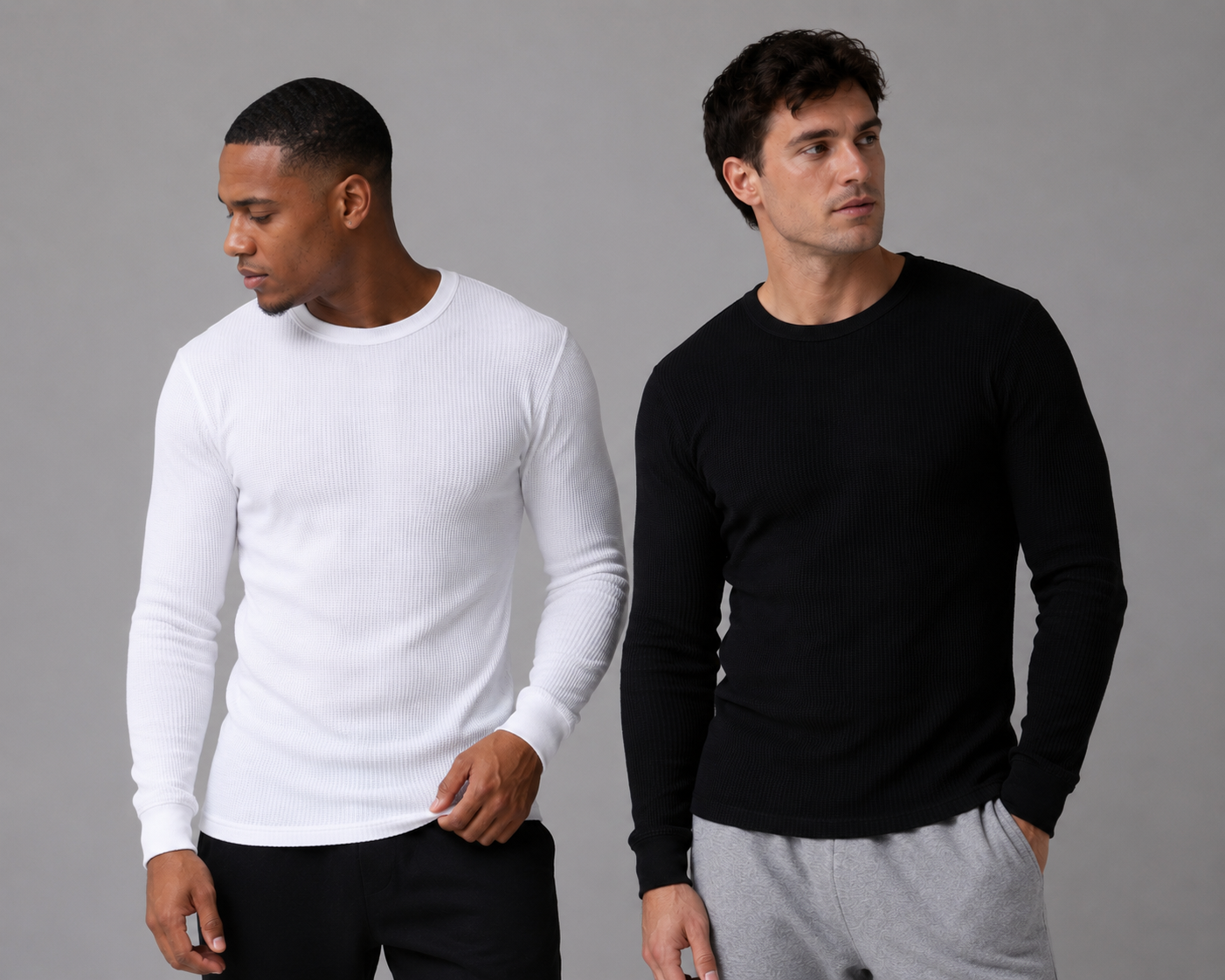 Waffle knit thermal tops in white and black, wholesale heavyweight thermal shirts