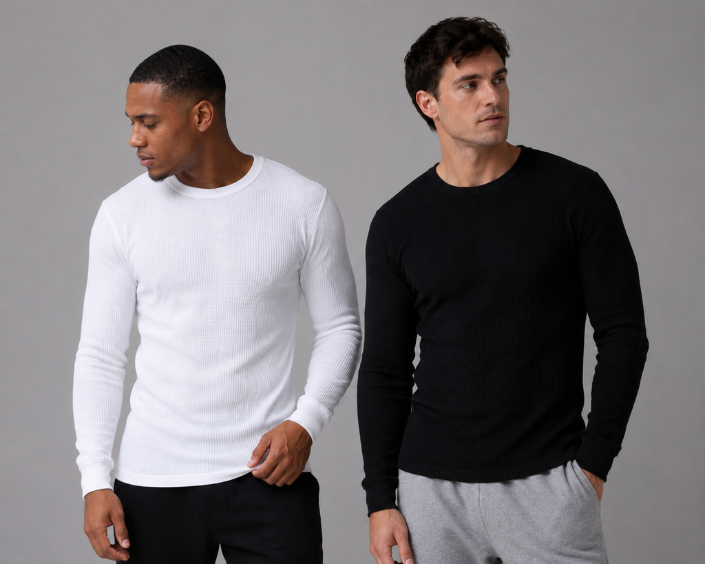 Waffle knit thermal tops in white and black, wholesale heavyweight thermal shirts