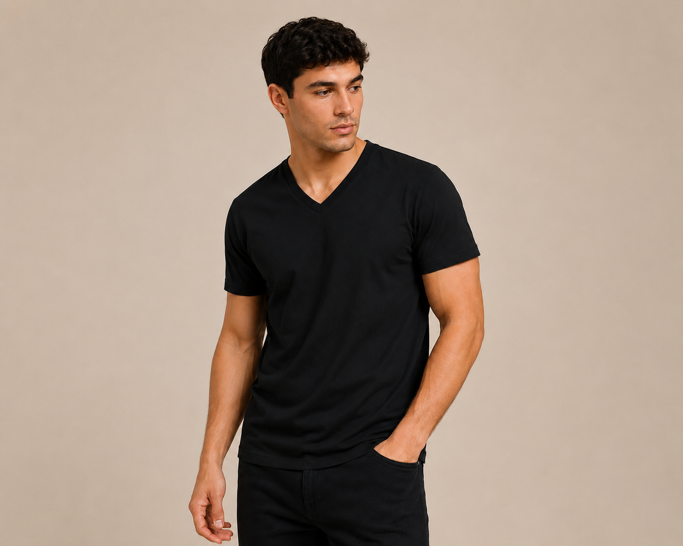 Plain black blank V-neck t-shirt in premium cotton, wholesale V neck tee