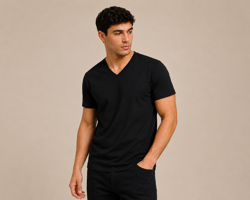 Plain black blank V-neck t-shirt in premium cotton, wholesale V neck tee